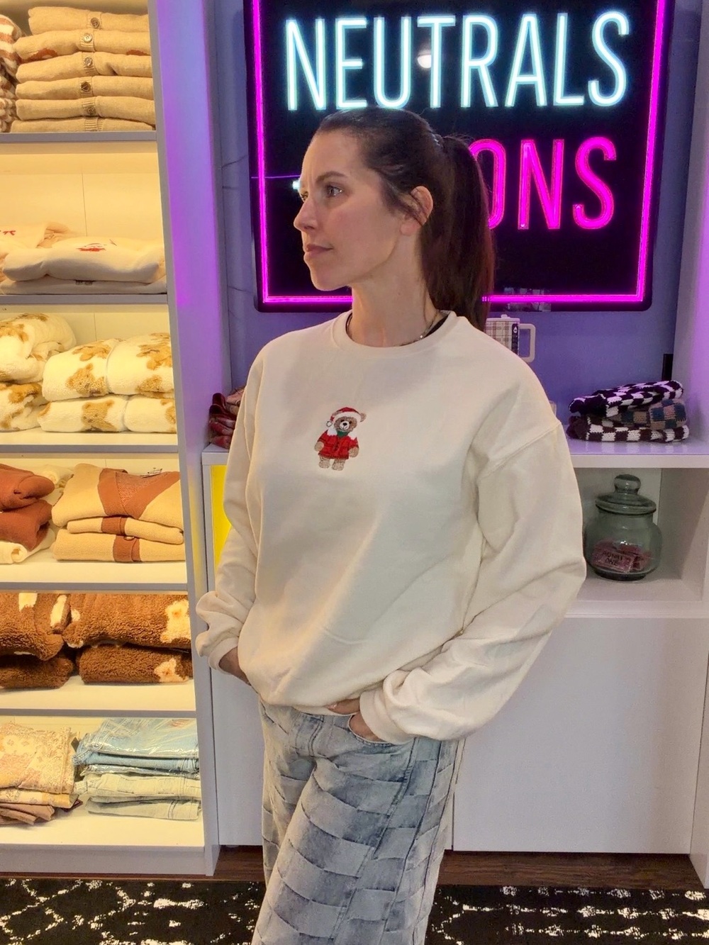 Cream Crewneck Sweatshirt with Holiday Bear Embroidery